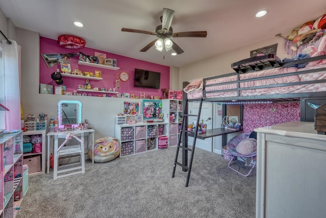 carpeted bedroom with ceiling fan and recessed lighting