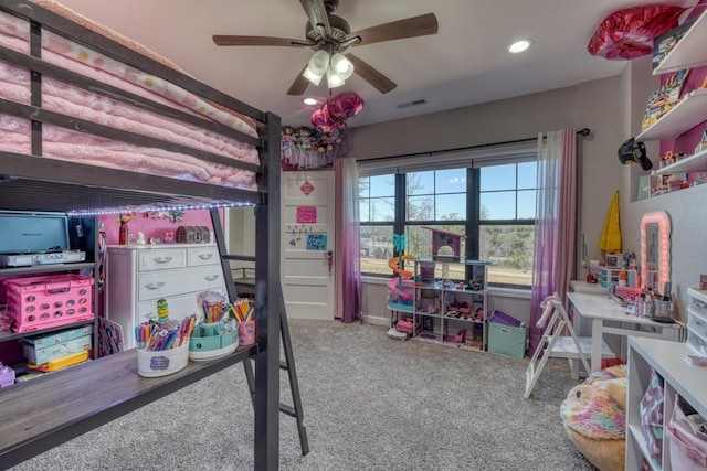 bedroom featuring carpet floors, a ceiling fan, visible vents, and recessed lighting