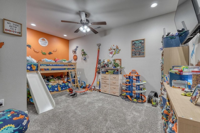 bedroom featuring carpet floors, a ceiling fan, and recessed lighting