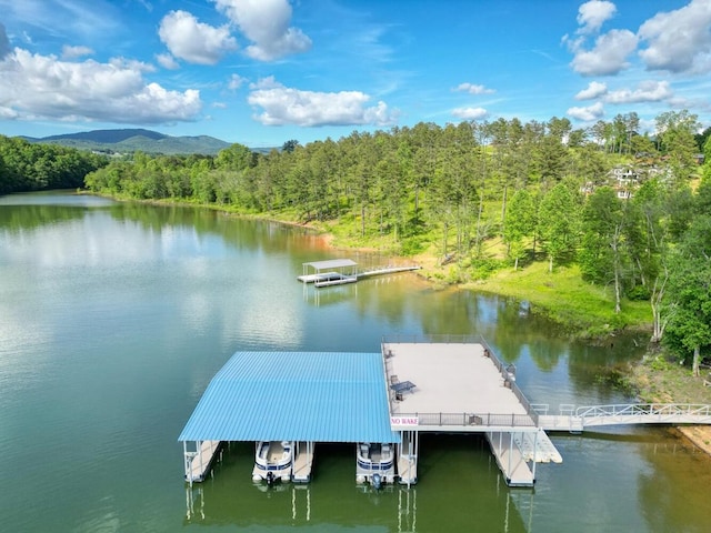 dock area with boat lift, a water view, and a wooded view