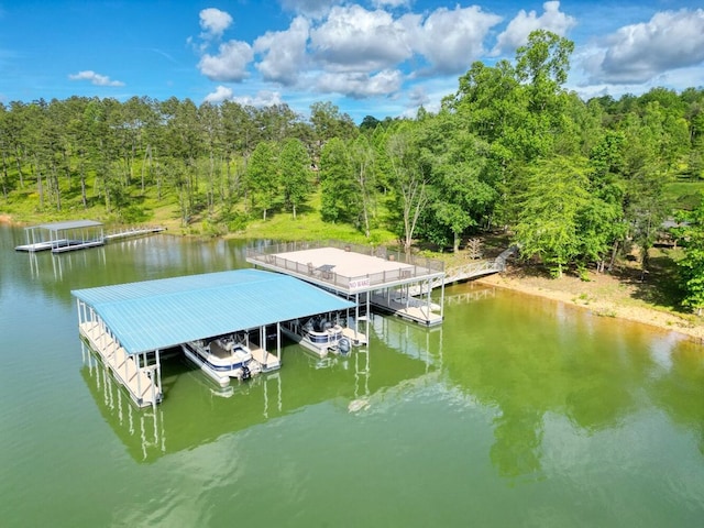 dock area with a water view and a wooded view