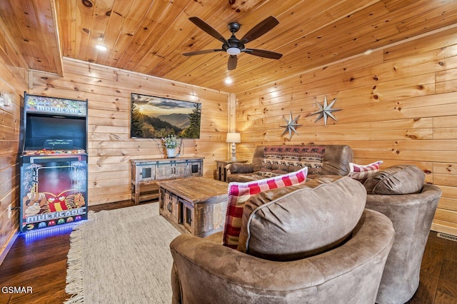 living room with dark wood-type flooring, ceiling fan, wooden ceiling, and wood walls