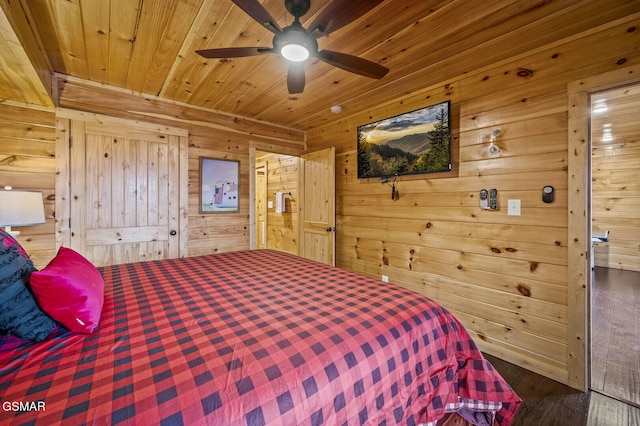 bedroom featuring ceiling fan, wood ceiling, and wood walls