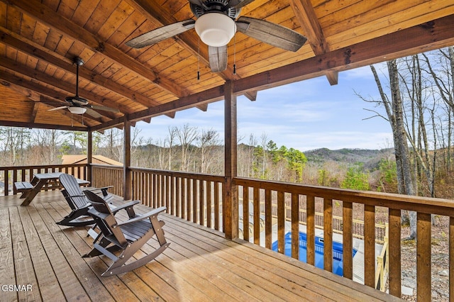 deck with ceiling fan and a pool