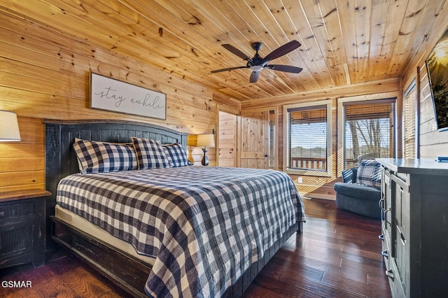 bedroom featuring wooden walls, ceiling fan, wood ceiling, and dark hardwood / wood-style floors