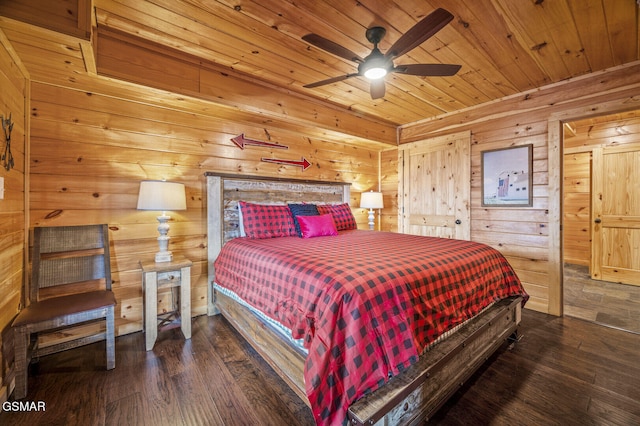 bedroom featuring wooden walls, wooden ceiling, ceiling fan, and dark wood-type flooring