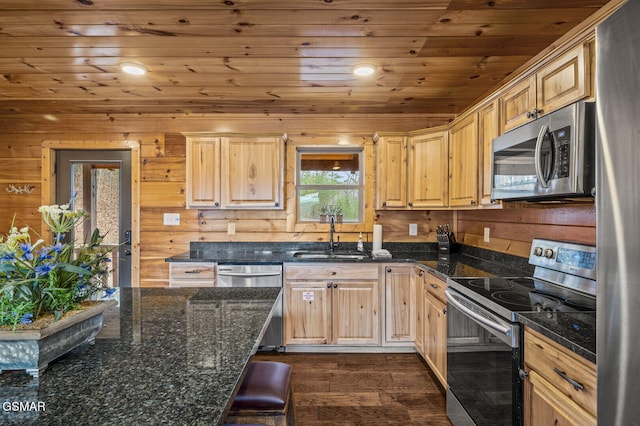 kitchen with sink, wooden ceiling, dark stone countertops, wooden walls, and appliances with stainless steel finishes