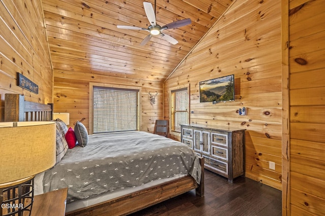 bedroom with ceiling fan, wooden ceiling, dark hardwood / wood-style floors, wood walls, and lofted ceiling