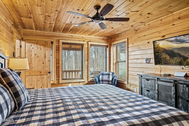 unfurnished bedroom featuring ceiling fan, wooden ceiling, wooden walls, and multiple windows