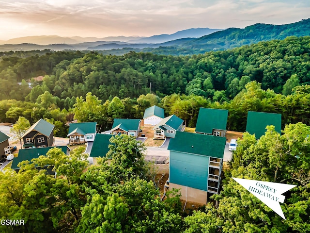 aerial view at dusk with a mountain view