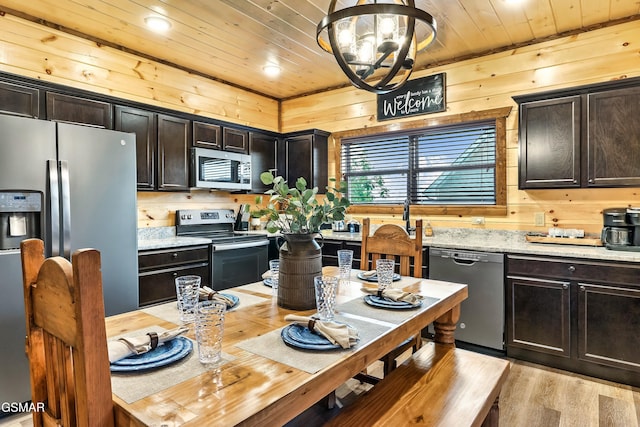 kitchen with dark brown cabinetry, wood ceiling, wooden walls, and stainless steel appliances