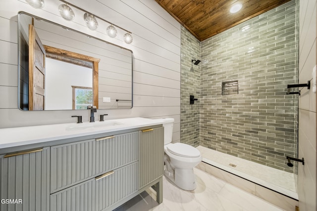 full bathroom with vanity, toilet, wood ceiling, and tiled shower