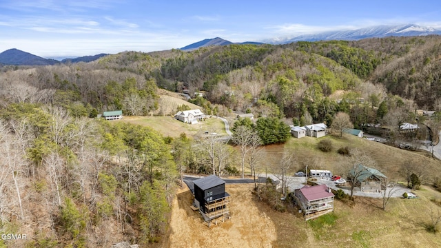 bird's eye view featuring a mountain view and a view of trees