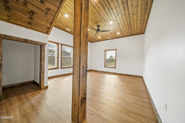 interior space with recessed lighting, wooden ceiling, baseboards, and wood finished floors