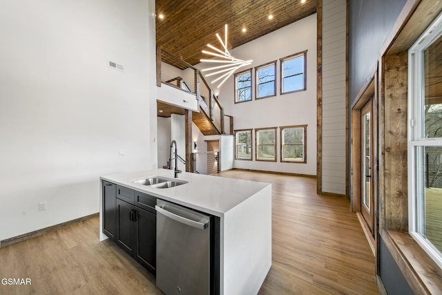 kitchen with light wood finished floors, a sink, a towering ceiling, and stainless steel dishwasher