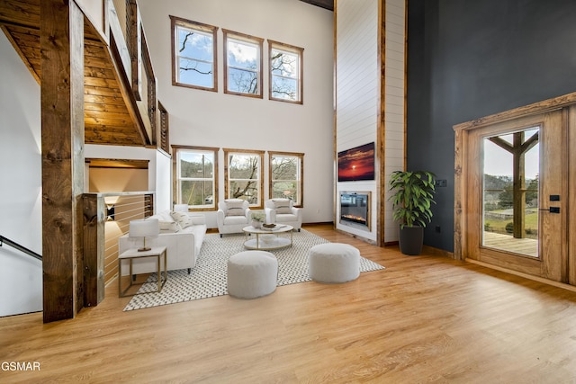 living area with wood finished floors, a high ceiling, and a fireplace