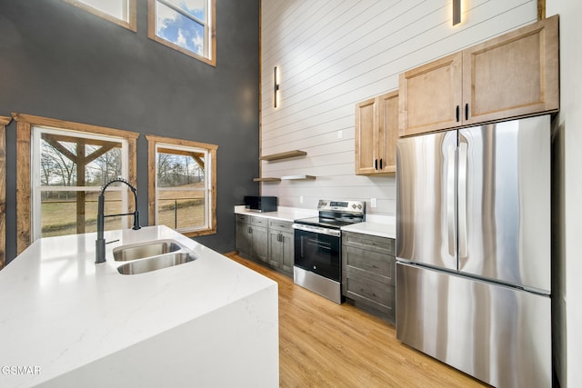 kitchen with a sink, light countertops, light wood-style floors, and stainless steel appliances