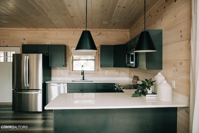 kitchen featuring sink, wood ceiling, appliances with stainless steel finishes, decorative light fixtures, and kitchen peninsula