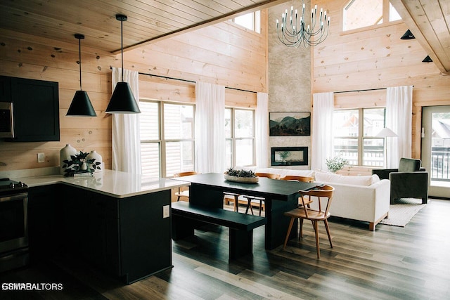 dining area featuring wood ceiling, plenty of natural light, and wooden walls