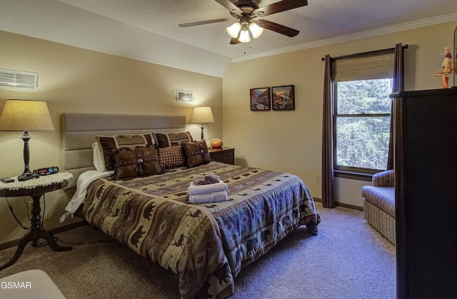 2846 Mountain View Cir, Sevierville, TN 37862 - carpeted bedroom featuring a textured ceiling, ornamental molding, and a ceiling fan