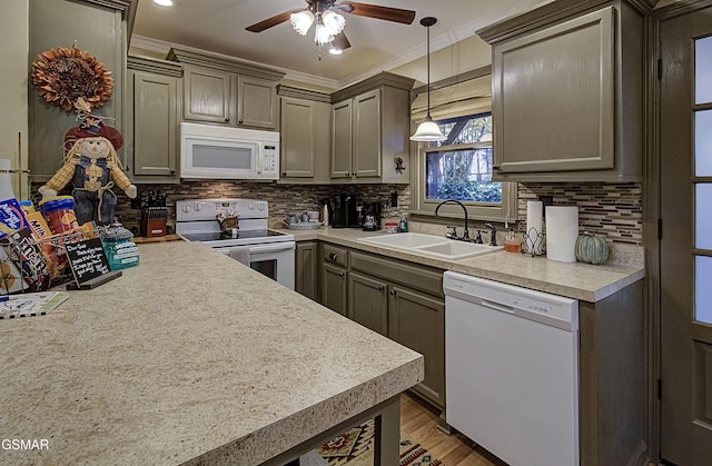 2846 Mountain View Cir, Sevierville, TN 37862 - kitchen with white appliances, ceiling fan, ornamental molding, light countertops, and backsplash