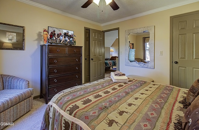 2846 Mountain View Cir, Sevierville, TN 37862 - bedroom with ornamental molding, carpet floors, a textured ceiling, and ceiling fan