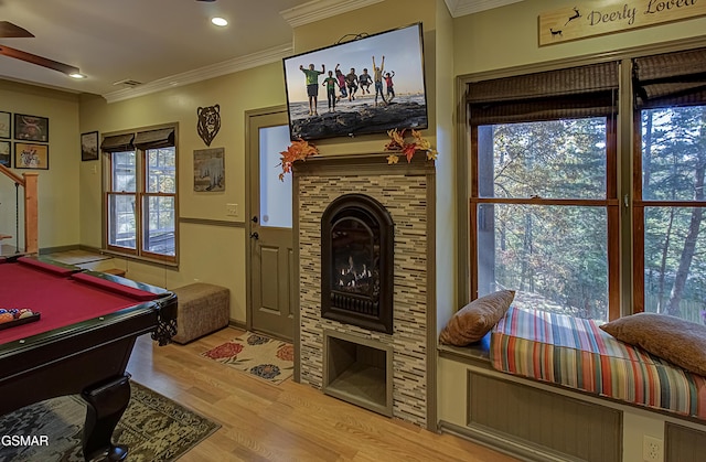 2846 Mountain View Cir, Sevierville, TN 37862 - recreation room with crown molding, wood finished floors, a fireplace, a ceiling fan, and pool table