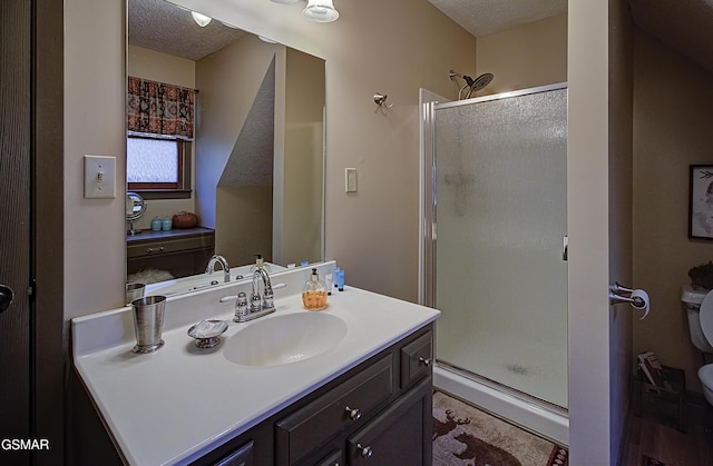 2846 Mountain View Cir, Sevierville, TN 37862 - bathroom featuring a stall shower, a textured ceiling, and vanity