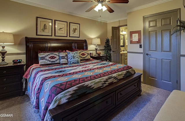 2846 Mountain View Cir, Sevierville, TN 37862 - carpeted bedroom featuring crown molding, a ceiling fan, and ensuite bath