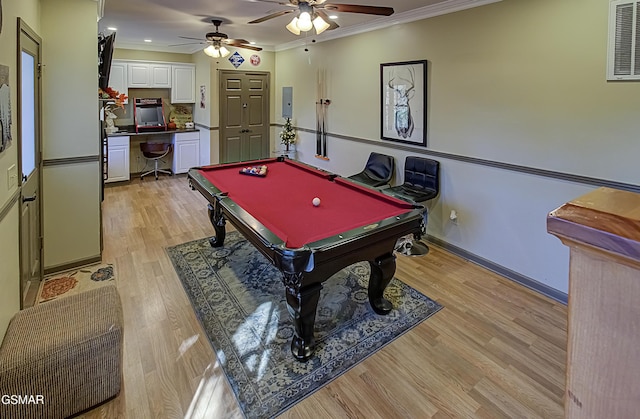 2846 Mountain View Cir, Sevierville, TN 37862 - game room featuring a ceiling fan, crown molding, light wood-style flooring, pool table, and built in study area