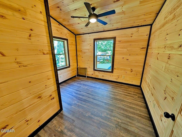 unfurnished room with dark hardwood / wood-style floors, wooden walls, wood ceiling, and vaulted ceiling