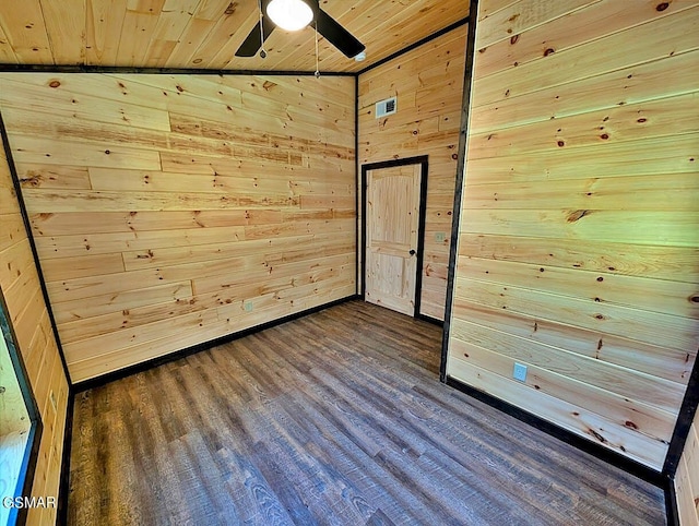 spare room with dark hardwood / wood-style flooring, ceiling fan, wooden ceiling, lofted ceiling, and wood walls