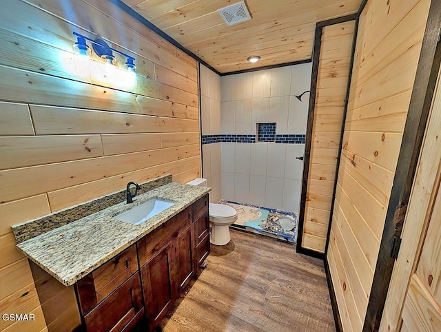 bathroom with hardwood / wood-style floors, toilet, wooden walls, vanity, and wood ceiling