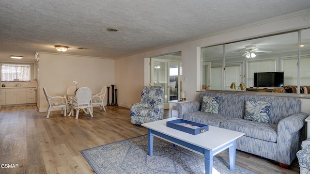 living area featuring light wood-style flooring, visible vents, ornamental molding, and a textured ceiling