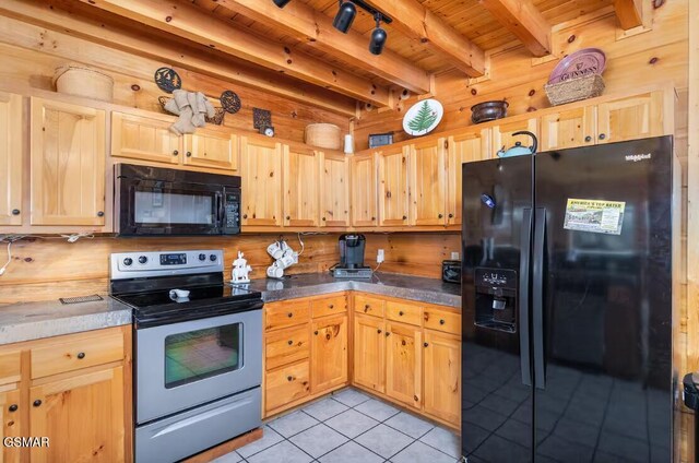 kitchen featuring beamed ceiling, wooden ceiling, light tile patterned floors, black appliances, and light brown cabinetry