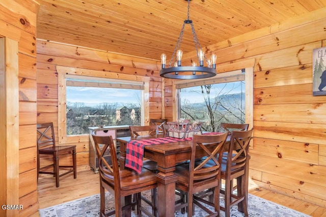 dining room with wood finished floors, wood walls, a chandelier, and wood ceiling