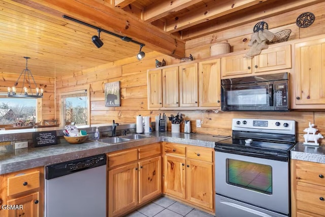 kitchen with a sink, stainless steel electric range oven, black microwave, wood ceiling, and dishwasher