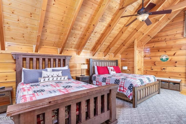 bedroom featuring wood walls, lofted ceiling with beams, and wood ceiling