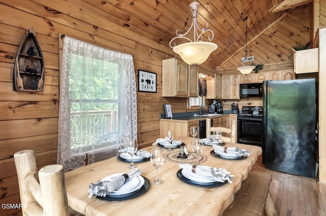 dining area featuring vaulted ceiling, sink, hardwood / wood-style flooring, wooden ceiling, and wood walls