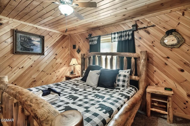 bedroom with carpet floors, ceiling fan, wood walls, and wood ceiling