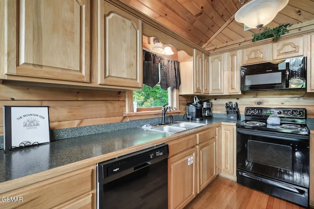 kitchen featuring vaulted ceiling, sink, light hardwood / wood-style floors, wood ceiling, and black appliances