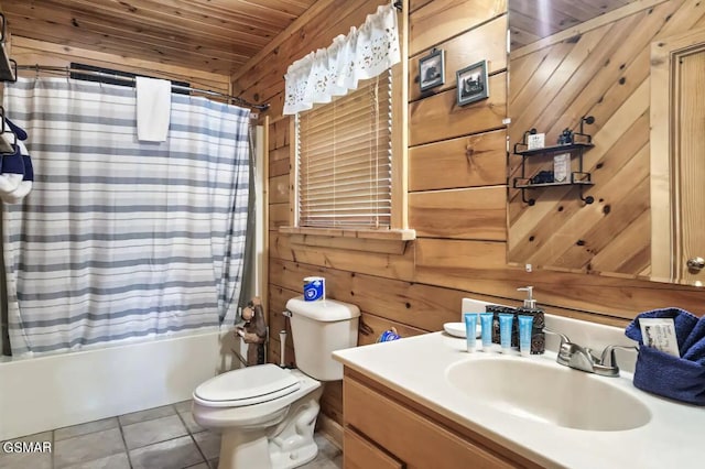 full bathroom with shower / bath combo, tile patterned floors, wood ceiling, vanity, and wooden walls