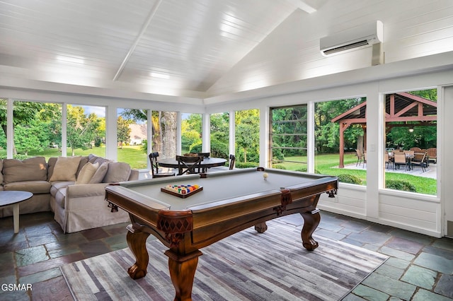 game room featuring lofted ceiling, wooden ceiling, a wall mounted air conditioner, and billiards