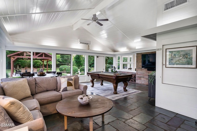 playroom featuring a wall unit AC, ceiling fan, lofted ceiling with beams, and billiards