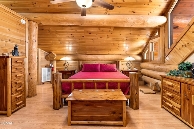 bedroom featuring lofted ceiling, light wood-style floors, wooden ceiling, and rustic walls