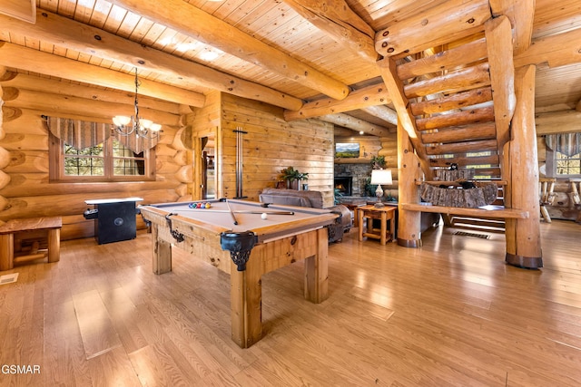 game room featuring wood finished floors, billiards, and wood ceiling