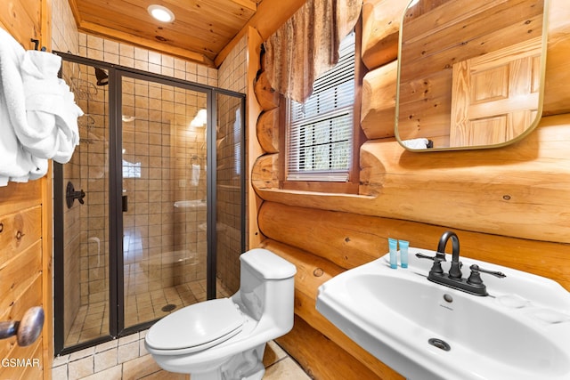 full bathroom with log walls, toilet, wood ceiling, a sink, and a shower stall