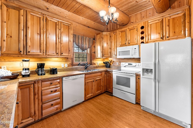 kitchen with white appliances, brown cabinetry, wood ceiling, light wood-style flooring, and beamed ceiling