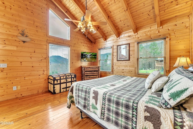 bedroom with light wood-style floors, beamed ceiling, wooden walls, and wood ceiling