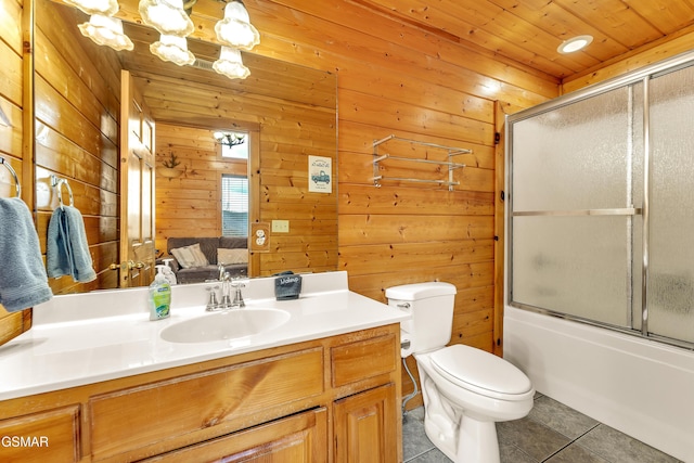 bathroom featuring tile patterned flooring, toilet, wood ceiling, a notable chandelier, and vanity